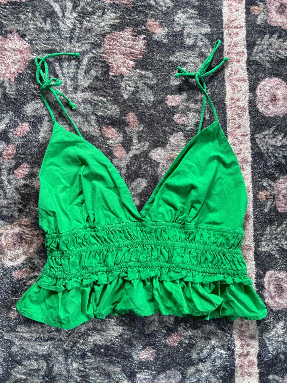 Green Smocked Tie-Shoulder Ruffle Crop Tank Top